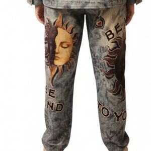 Artistic Sun and Moon Graphic Straight Leg Pants